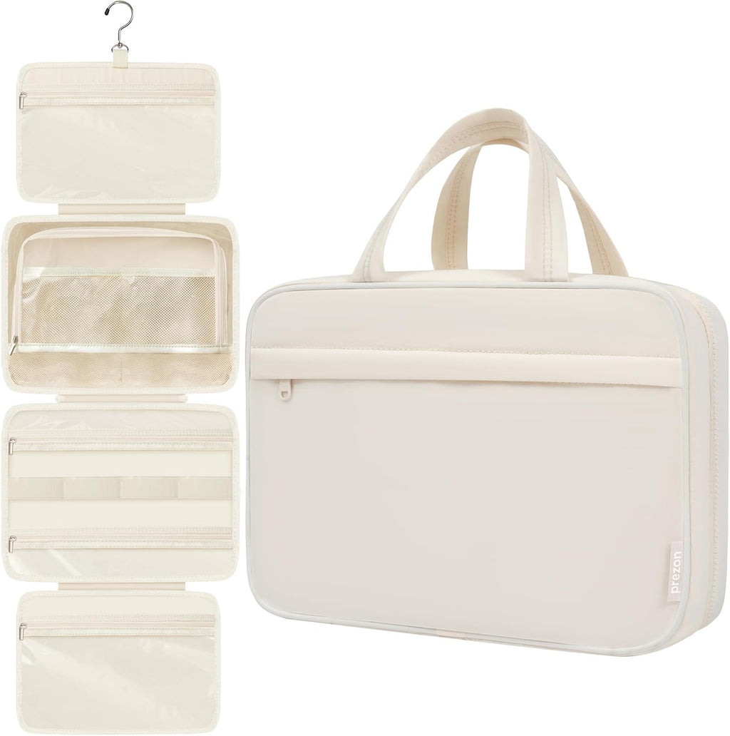 Toiletry Bag For women,Portable Hanging Organizer,4 Leakproof Compartment for full-sized Conditioner, Brushes Set, Makeup Accessories,Visible and easy to access.M-beige