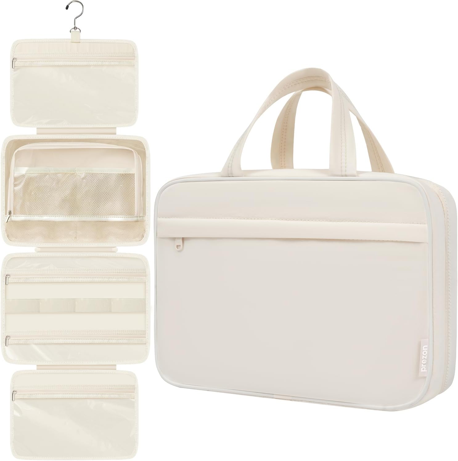 Toiletry Bag For women,Portable Hanging Organizer,4 Leakproof Compartment for full-sized Conditioner, Brushes Set, Makeup Accessories,Visible and easy to access.M-beige