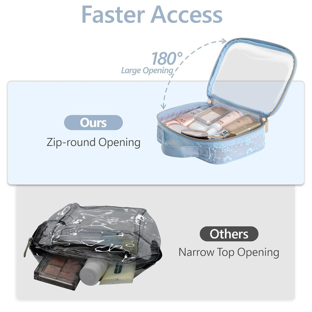 PACKISM Floral Texture Lace TSA Approved Toiletry Bag - 180° Large Opening Clear Makeup Bags in 2 Size, TSA Clear Toiletry Bag with Handle, 0.5 mm Thick Non-deformable No Smell, Blue