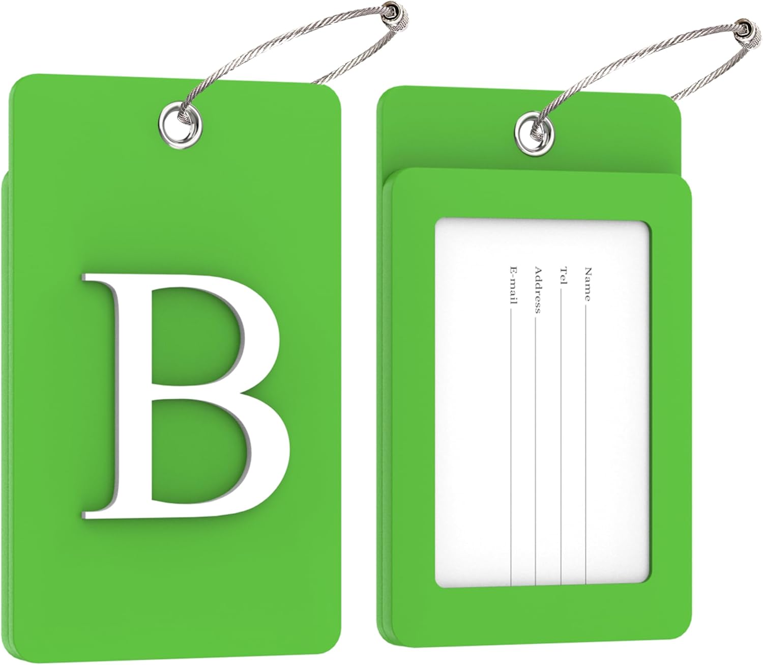 Gostwo 2 Pack Luggage Tags for Suitcases, 26 Initial Letter Travel Luggage Baggage Identification Labels ID Tag Fully Bendable Tags with Stainless Steel Loop (Green) (Letter B)