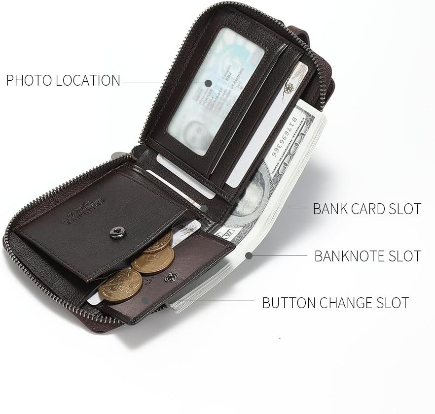 Men's brand buckle driver's license zipper genuine leather wallet, large capacity, multifunctional coin pocket (Coffee)