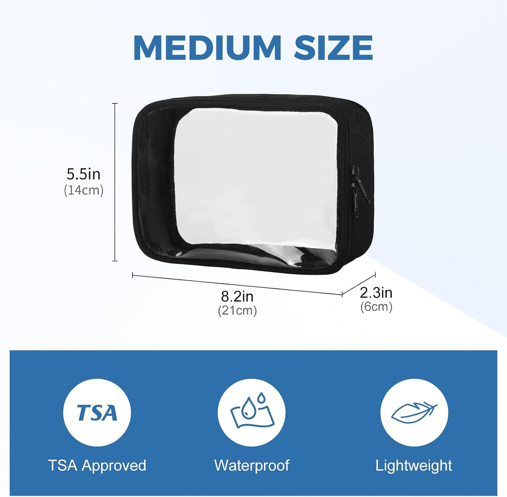 Moyad TSA Approved Clear Toiletry Bag, 2 Pack Quart Size 3-1-1 Liquids Pouch for Travel, Transparent Makeup & Cosmetic Organizer for Women Men, Black