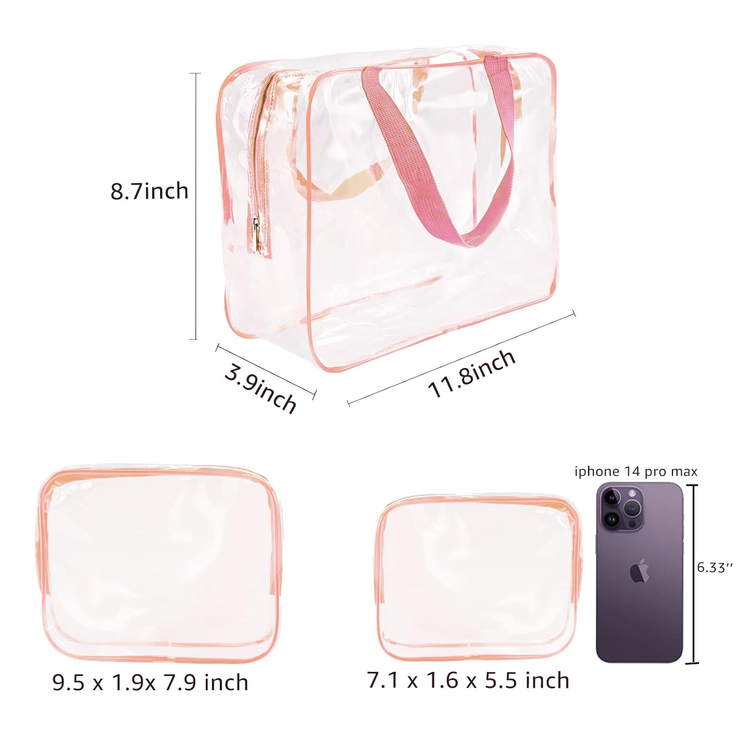 3Pcs Crystal Clear PVC Travel Toiletry Bag Kit for Women Men, Waterproof Vinyl Packing Organizer Storage Bags with Zipper Handle Straps, Cosmetic Pouch Carry on Airport Airline Compliant Bag Handbag