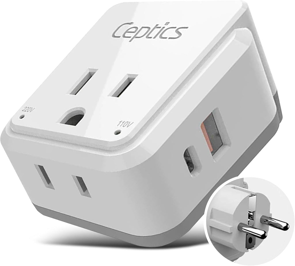 Ceptics Germany, Korea Travel Plug Adapter Set, 20W PD & QC, Safe Dual USB & USB-C - 2 USA Socket - Use in Schuko, France, Russia, Netherlands - Includes Type E/F SWadAPt Attachments