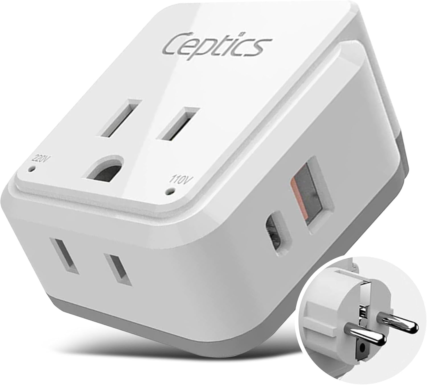 Ceptics Germany, Korea Travel Plug Adapter Set, 20W PD & QC, Safe Dual USB & USB-C - 2 USA Socket - Use in Schuko, France, Russia, Netherlands - Includes Type E/F SWadAPt Attachments