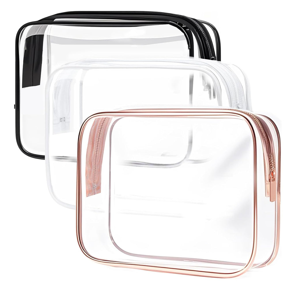Clear Toiletry Bag, 3 Packs TSA Approved Water resistant Travel Organizer, Airport Airline Travel Essential Carry On Makeup Cosmetic Bags for Women, 3Color - 3 packs