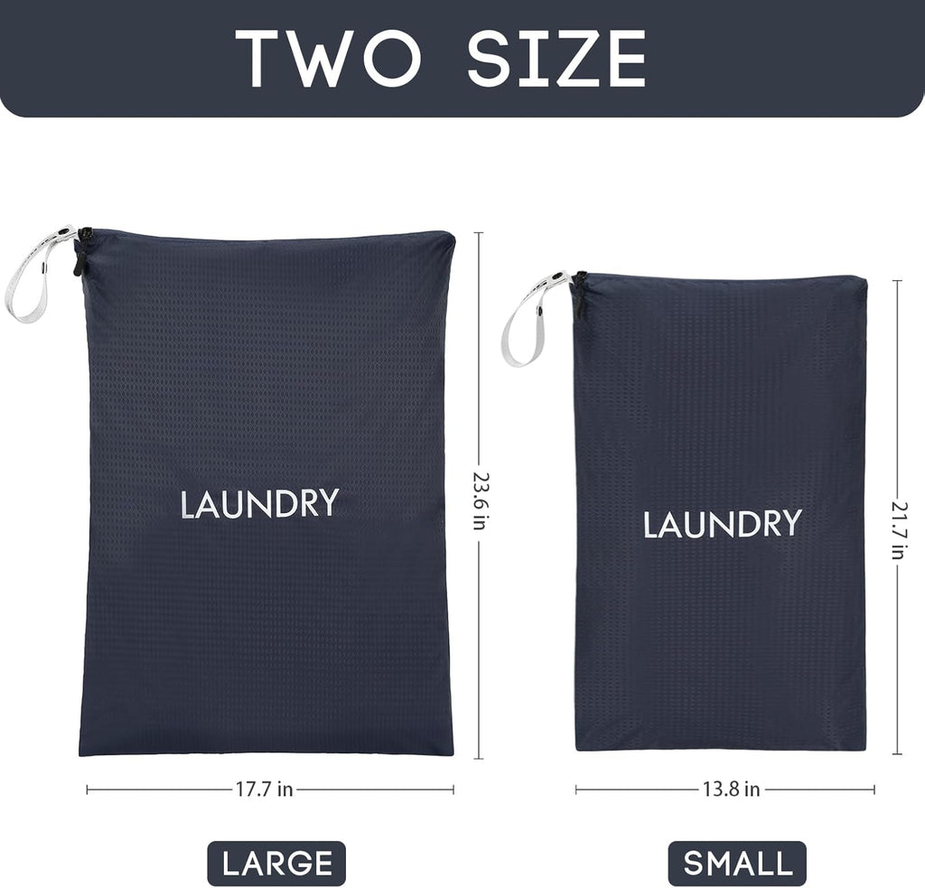 Travel Laundry Bag (2 Pcs - Large + Small) - Foldable Waterproof Washable Wet Dry Bag for Gym, Swimming, Yoga, and Workout Perfect for Dirty Clothes, Bathing Suits, Travel Accessories - Navy Blue
