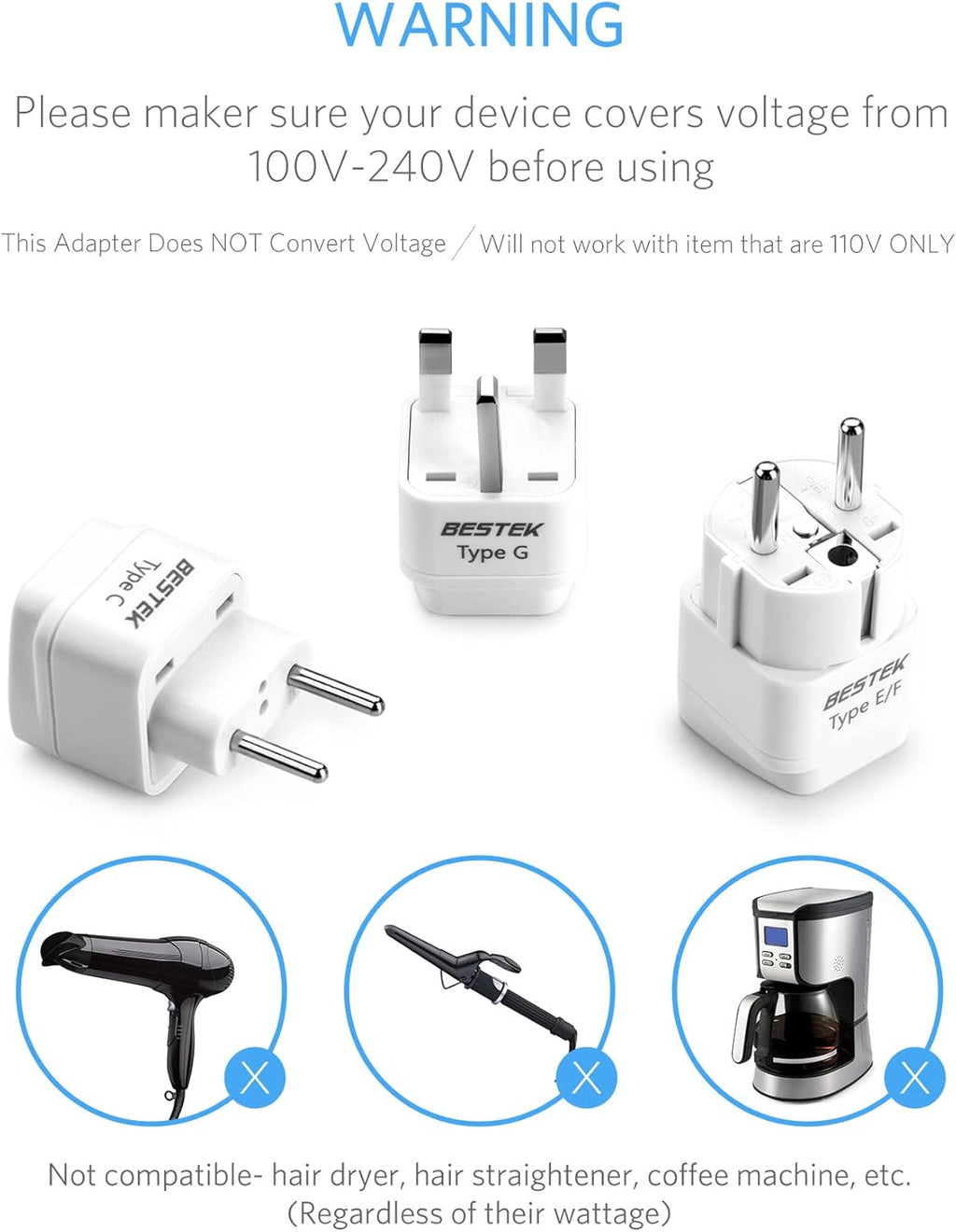 BESTEK European Travel Plug Adapter Set, Grounded Universal Power Plug Adapter for US to Type E/F, Type C, Type G Countries, UK, Germany, France, Italy, Spain, Ireland and All of Europe, 3 Pack