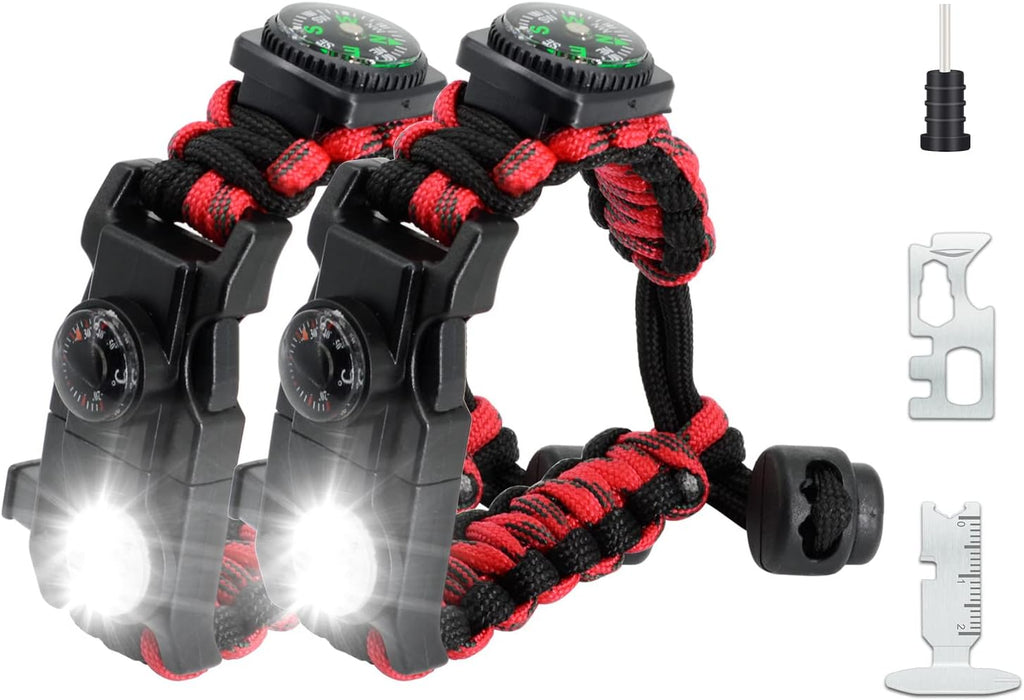 20 in 1 Survival Paracord Bracelet Adjustable Gear Kit with SOS LED Light, Fire Starter, Bigger Compass, Survival Whistle, Perfect for Camping, Hiking, Fishing