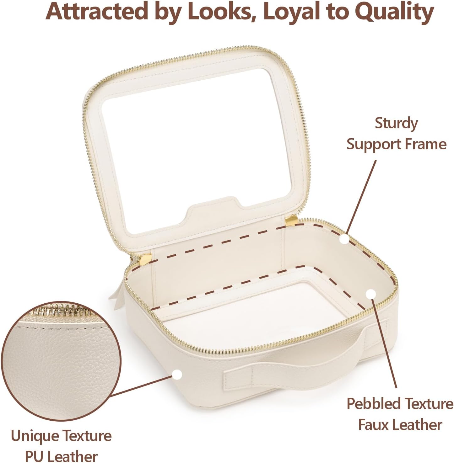 PACKISM Medium Clear Makeup Bag - PU Leather Clear Travel Bags for Toiletries Car Bag for Essentials, with Message Card Cosmetic Bags Makeup Case for Women Gift (Cream Medium)