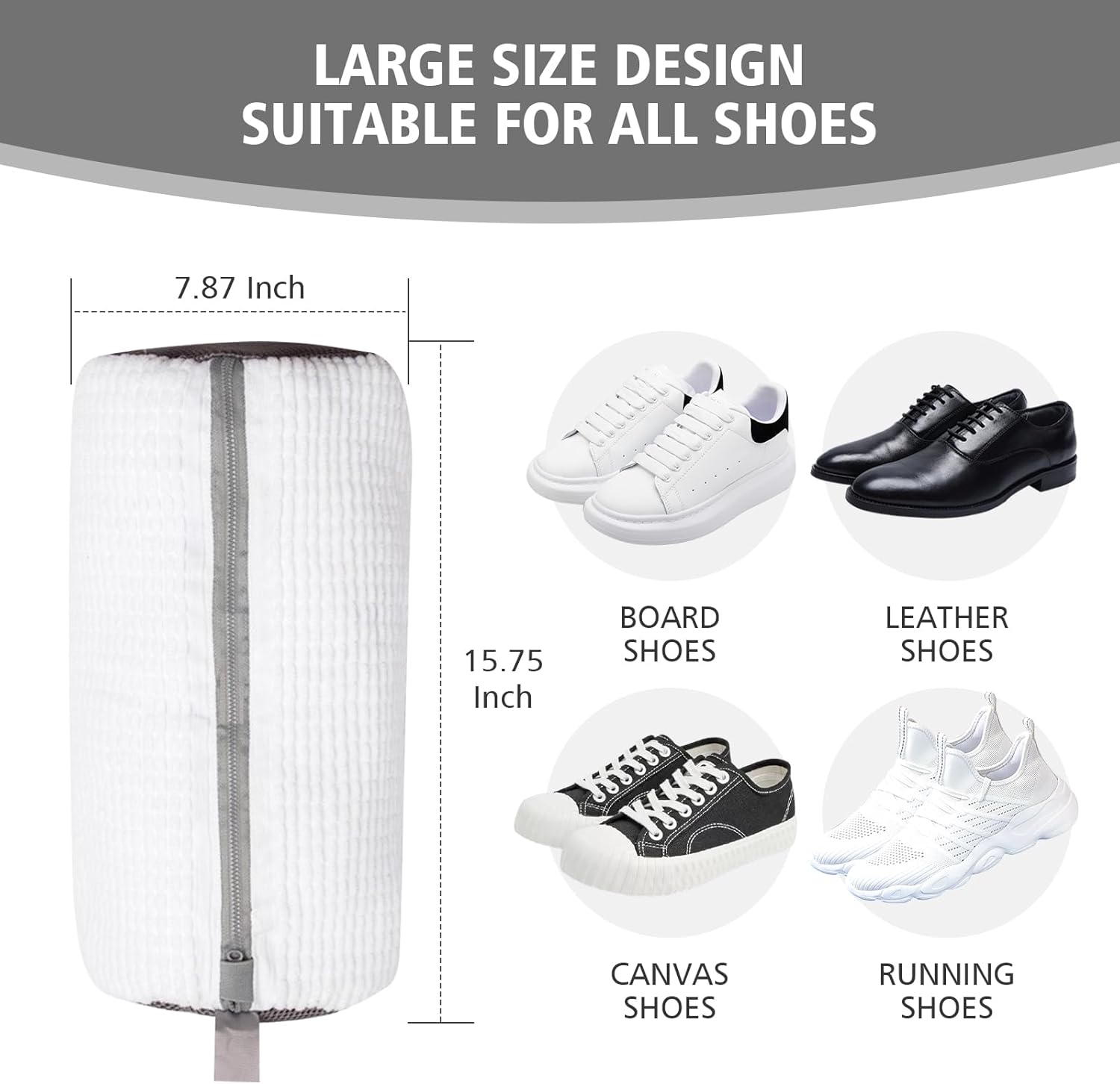 HEAVYWOOD Shoes Bag for Washing Machine Reusable Shoe Cleaning Washing Machine Bag Sturdy Anti-Rust Zipper 15.7’’*7.8’’ Shoe Laundry Bag for Washer and Dryer for Sneakers, Trainers (White, 2Packs)