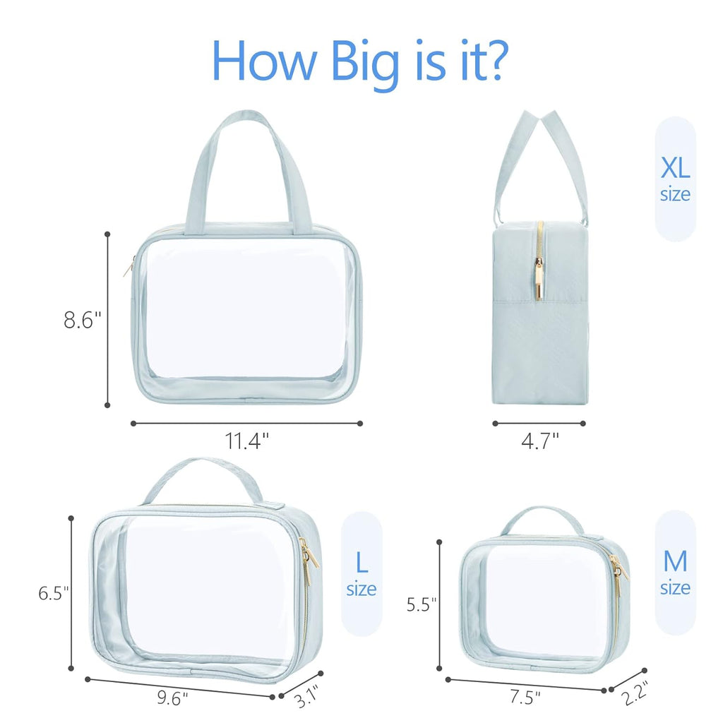PACKISM Clear Toiletry Bags - 3 Pack Makeup Bags with Handle, Large Opening, Waterproof Cosmetic Bags for Travel Essentials, Grayish Blue