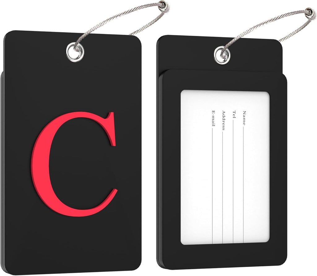 Gostwo 2 Pack Luggage Tags for Suitcases, 26 Initial Letter Travel Luggage Baggage Identification Labels ID Tag Fully Bendable Tags with Stainless Steel Loop (Black) (Letter C)