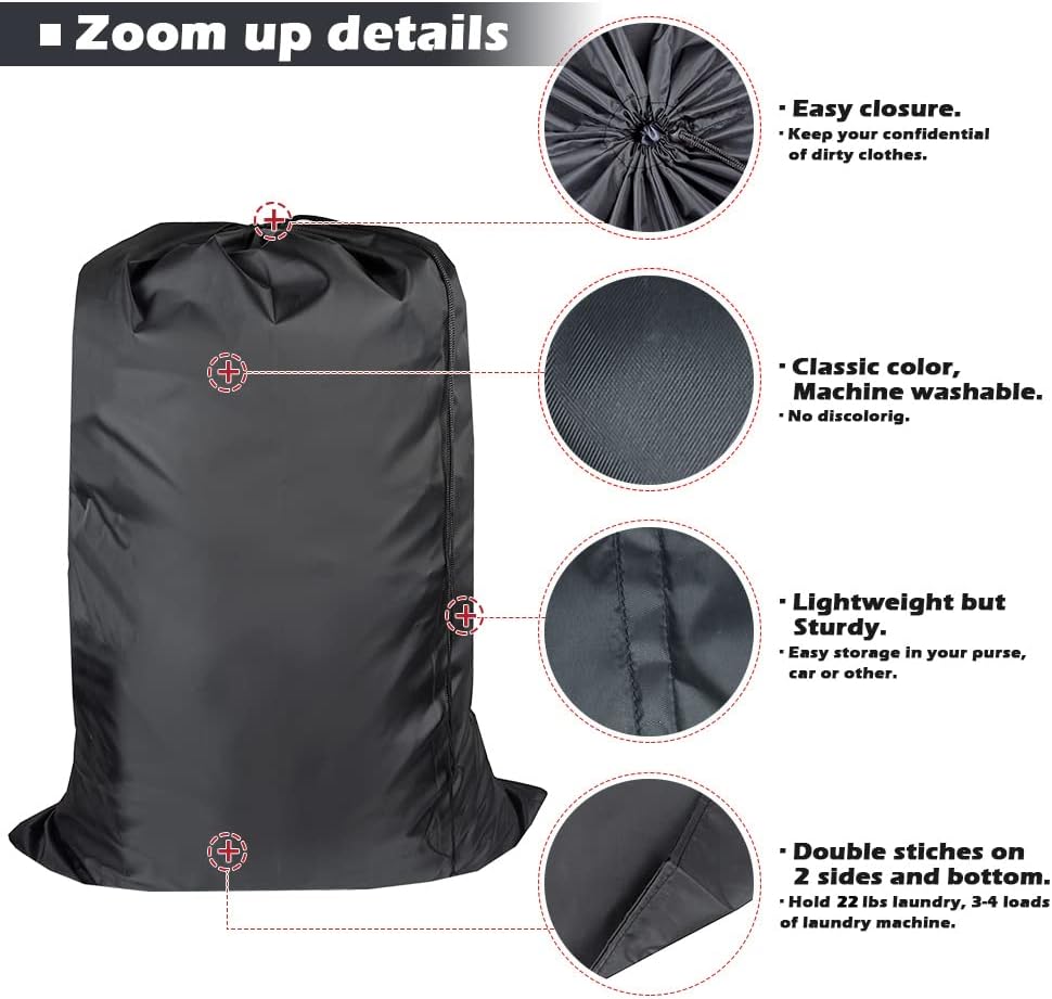 Washable Travel Laundry Bag with Drawstring (3 Pack), Large Dirty Clothes Bag Fit a Laundry Basket or Clothes Hamper, Enough to Hold 4 Loads of Laundry,26x39 inches Black 3