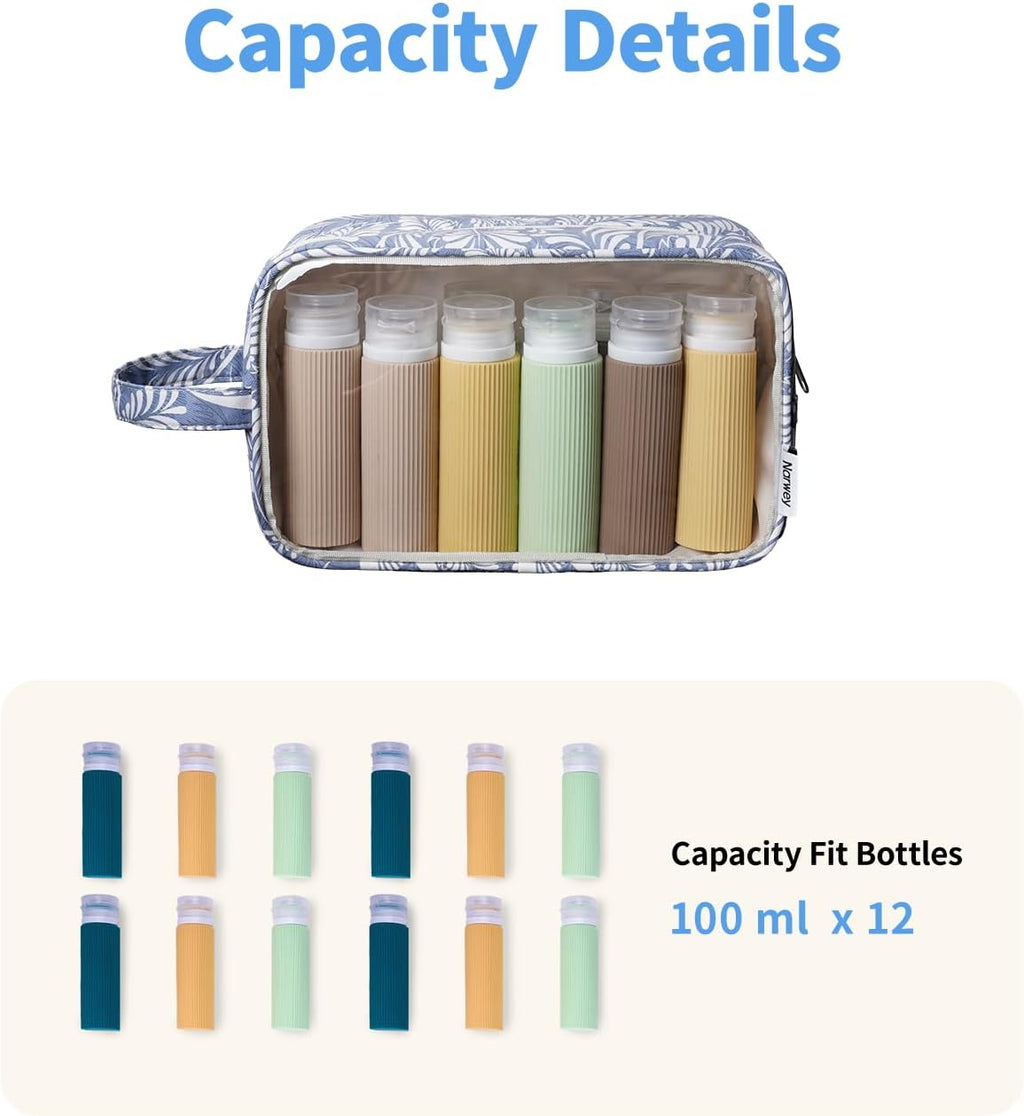 Narwey Clear Toiletry Bags for Traveling Women Men, Clear Travel Bags for Toiletries Makeup Bag Cosmetic Bag with Zipper, Make Up Organizer, Skincare Bag (Blue Leaf)