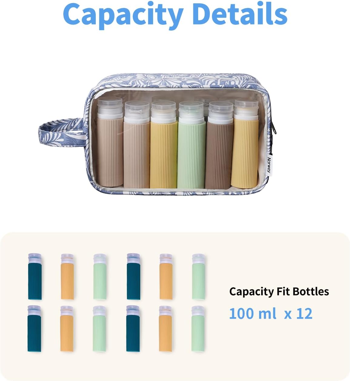 Narwey Clear Toiletry Bags for Traveling Women Men, Clear Travel Bags for Toiletries Makeup Bag Cosmetic Bag with Zipper, Make Up Organizer, Skincare Bag (Blue Leaf)