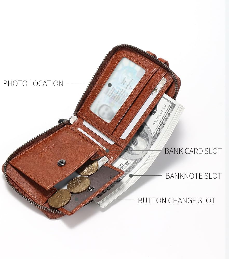 Men's brand buckle driver's license zipper genuine leather wallet, large capacity, multifunctional coin pocket (Yellowish brown)