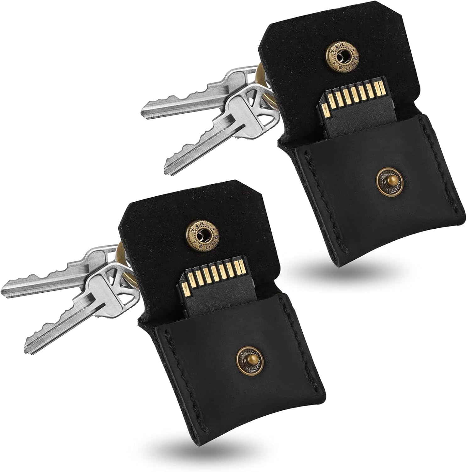 Jack&Chris Genuine Leather SD Card Holder Keychain, Anti-Shock Anti-Dust SD Card Case, Portable Camera Accessories for SD CF CFexpress Micro SD Nano SIM and Micro SIM Cards, Black 2 Packs