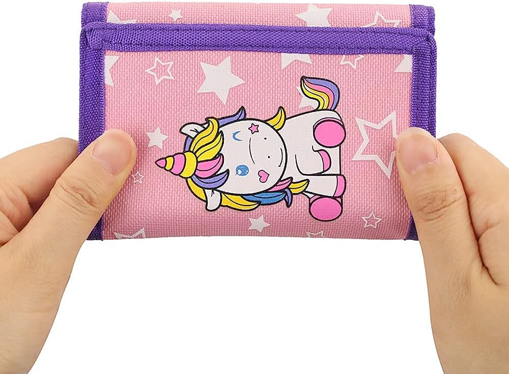 NEICY RFID Cartoon Canvas Wallet for Kids - Unicorn Trifold Outdoor Sports Wallets with Magic Sticker for Teen Girls