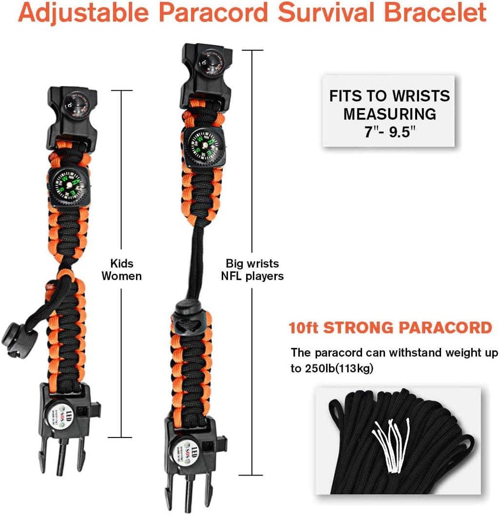 20 in 1 Survival Paracord Bracelet Adjustable Gear Kit with SOS LED Light, Fire Starter, Bigger Compass, Survival Whistle, Perfect for Camping, Hiking, Fishing