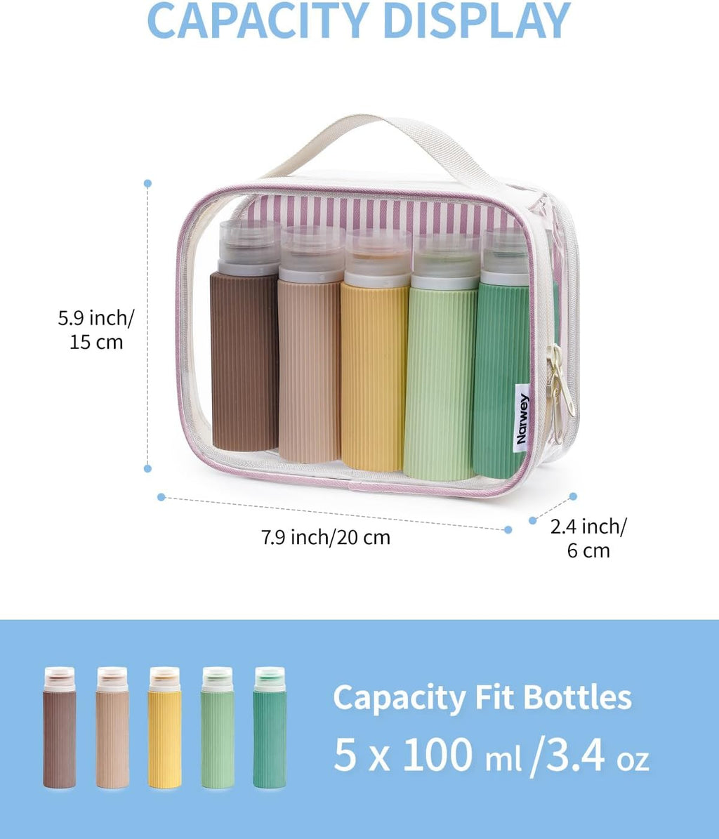 Narwey TSA Approved Clear Toiletry Bag for Travel, Waterproof PVC Clear Makeup Bags, Portable Compact Cosmetic Bag Make Up Organizer, Airport Airline Quart Size Compliant Bag (Dusty Pink Stripe)