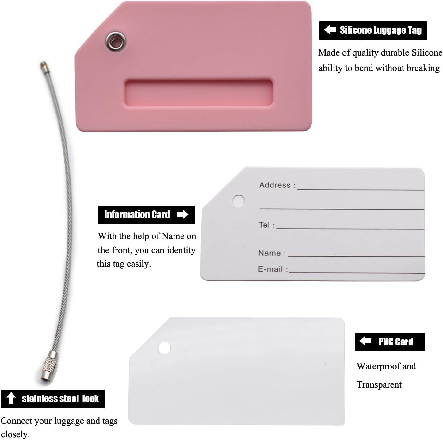 7 Pack Silicone Luggage Tag Baggage Handbag Travel Bag Tags with Name ID Card Perfect to Quickly Spot Luggage Suitcases (Pink)