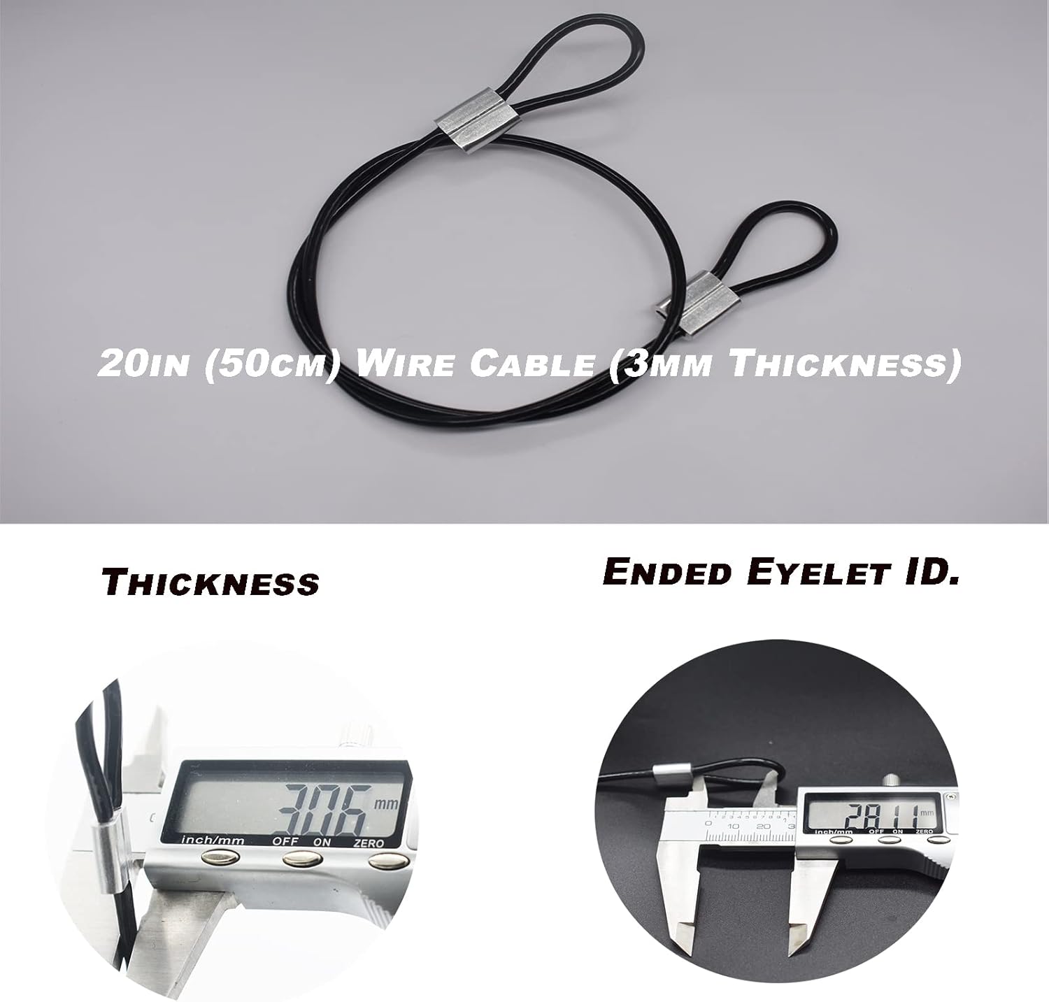 10 pcs 20 inch (50cm) 3mm Thickness Stainless Steel Wire Cable with Loops Vinyl Cover Coated Short Rope Lanyard Lock Safety Tether Chains, Black