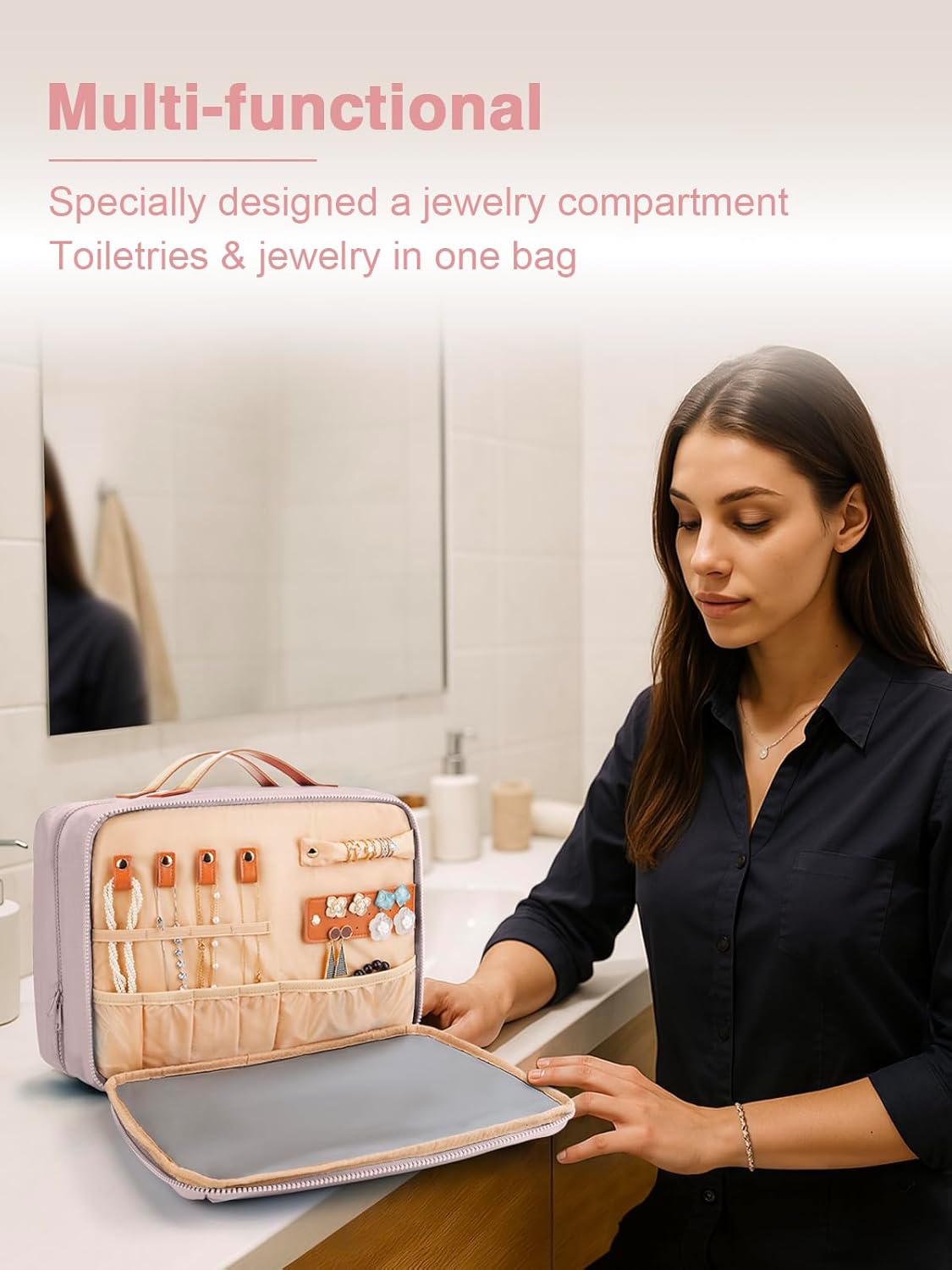 Women's Hanging Toiletry Bag, Waterproof Travel Cosmetic Organizer with Jewelry Storage, Large Capacity Makeup Case for Full-Size Skincare & Bathroom Essentials, Portable Cosmetic kit, Pink