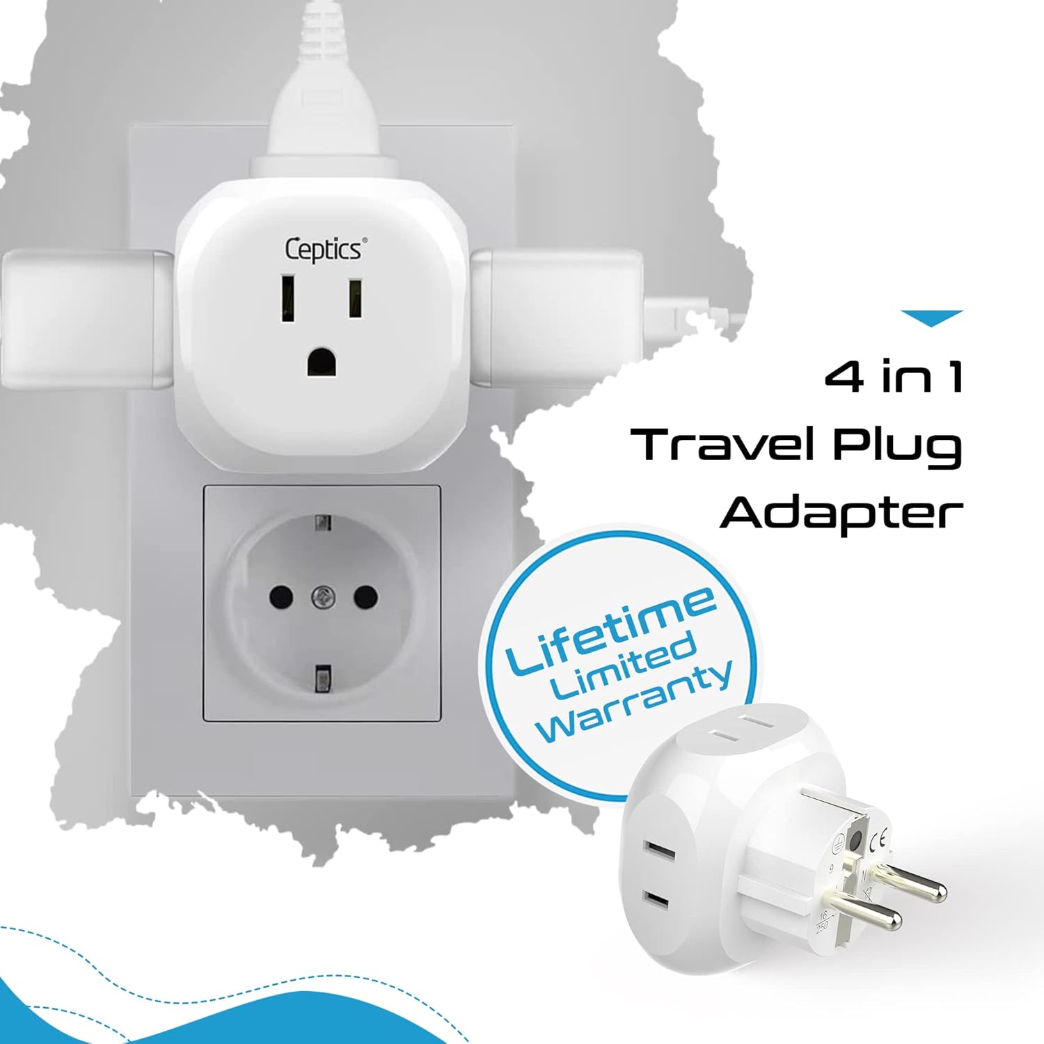 Ceptics European Schuko Travel Plug Adapter Germany France Adapter Charger 4 Input - USA to Any Type E/F Countries Such as Germany, France and More - 2 Pack (PT-9), White