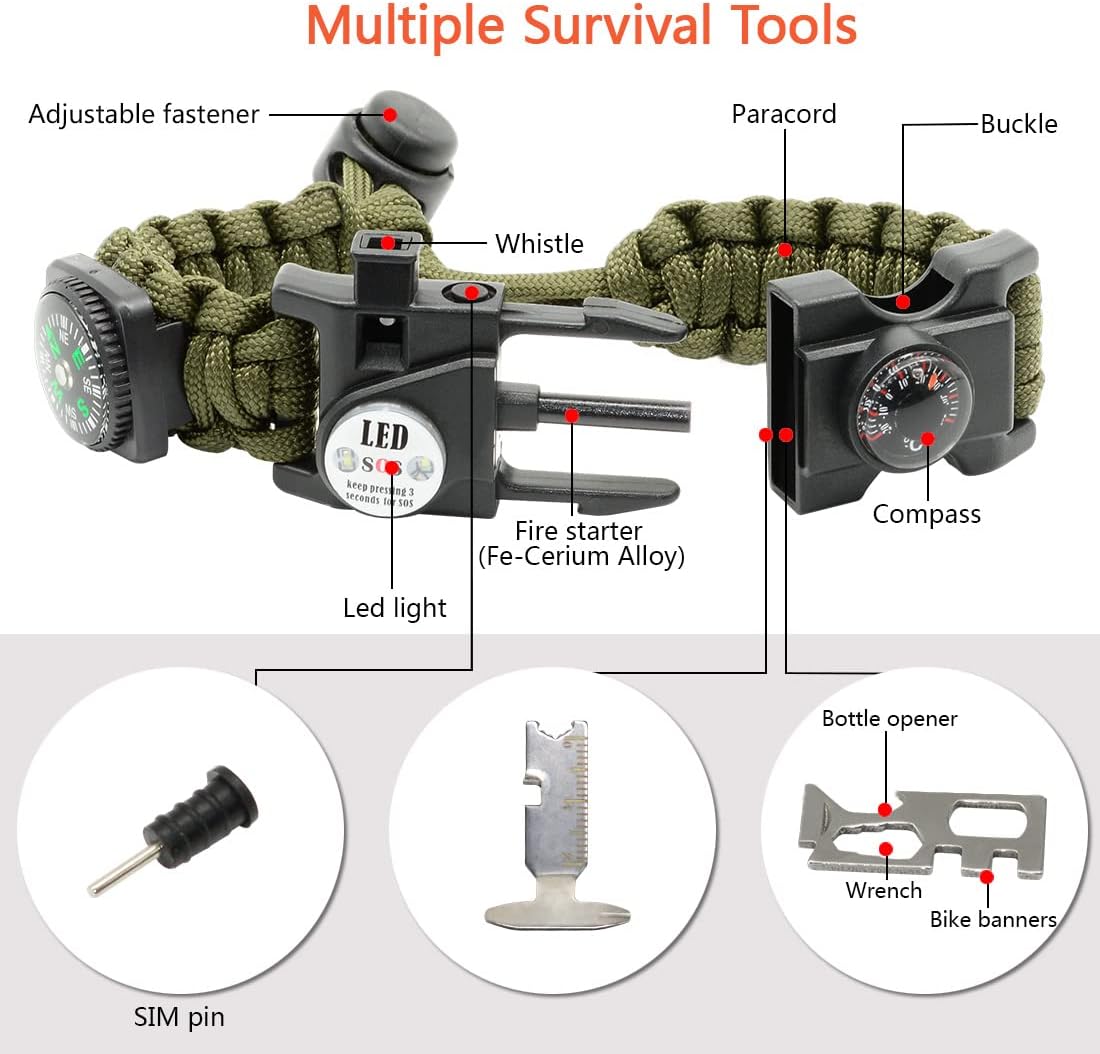 20 in 1 Survival Paracord Bracelet Adjustable Gear Kit with SOS LED Light, Fire Starter, Bigger Compass, Survival Whistle, Perfect for Camping, Hiking, Fishing
