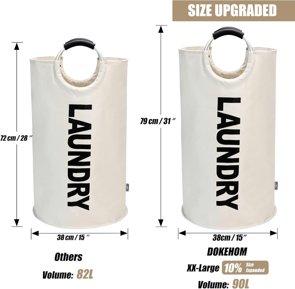 DOKEHOM 90L Large Laundry Basket, Collapsible Laundry Bag, Freestanding Tall Clothes Hamper, Foldable Washing Bin (Beige)