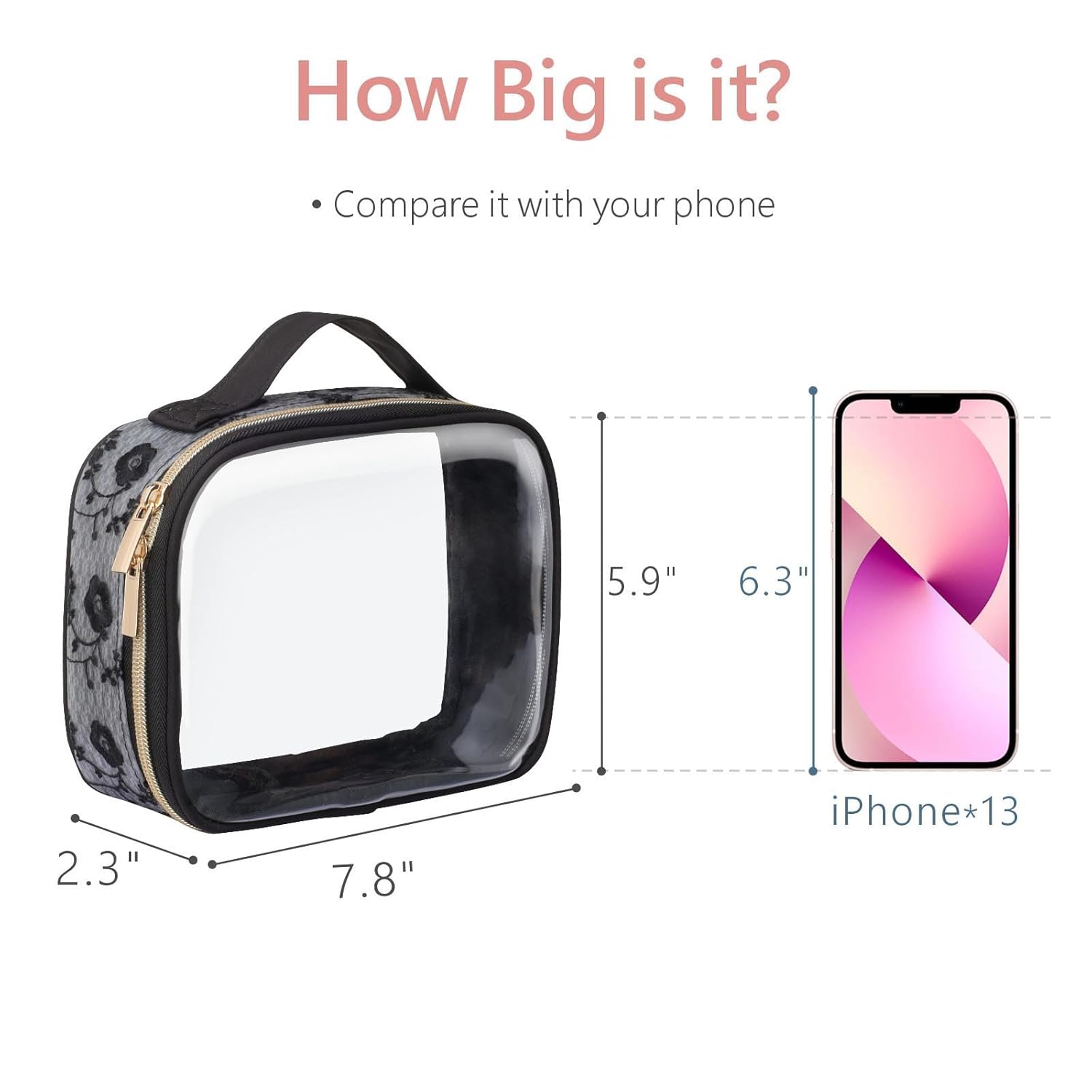 PACKISM TSA Approved Toiletry Bag - 180° Large Opening Clear Makeup Bags with Handle, Easily Access, Floral Texture Lace Clear Toiletry Bags for Traveling, Thick 0.5 mm No Smell, Black