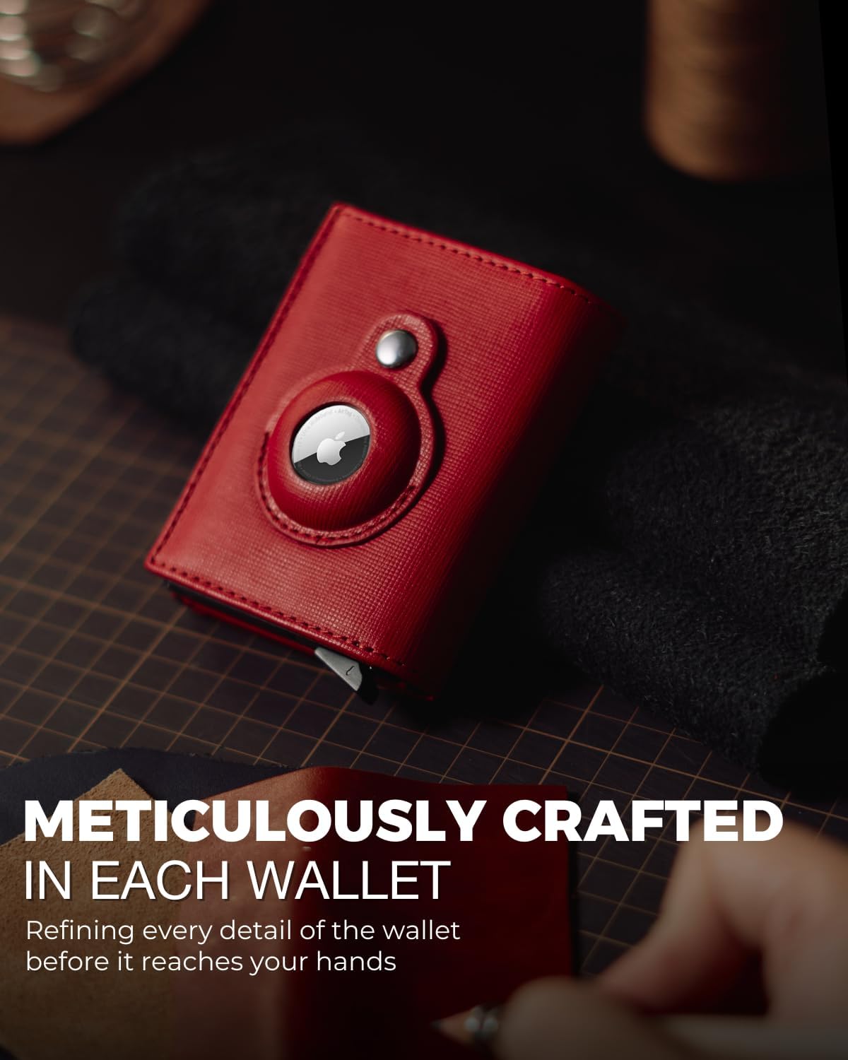 Jenoss Smart AirTag Wallet for Men & Women: Full Grain Leather, Black Pop Up Case, Slim, RFID Blocking, Credit Card Holder Apple Air Tag Tracker Trifold Minimalist 12 Slot ID (Red & Black)