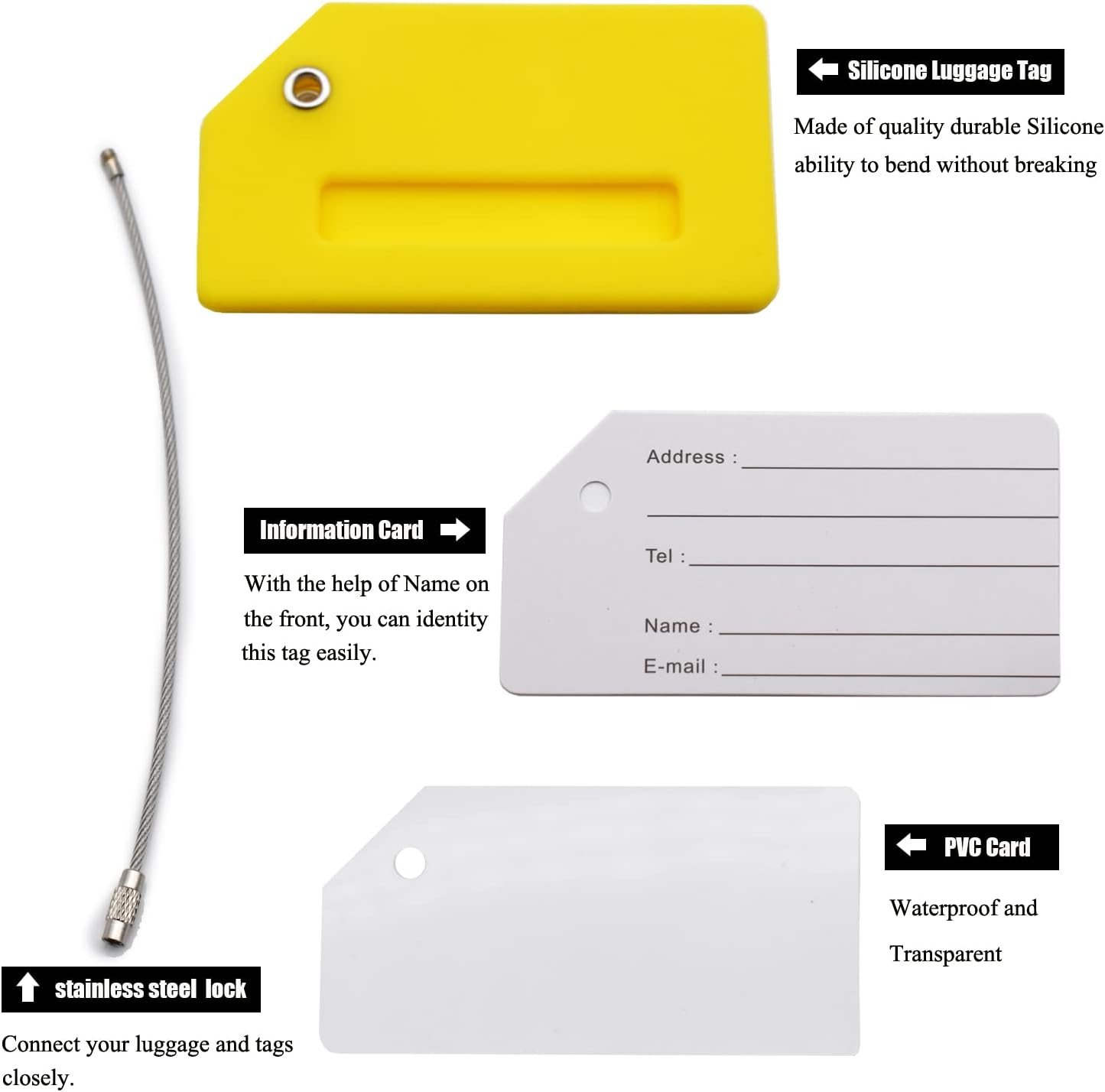 7 Pack Silicone Luggage Tag Baggage Handbag Travel Suitcase Tags with Name ID Card Perfect to Quickly Spot Luggage Suitcase (Yellow