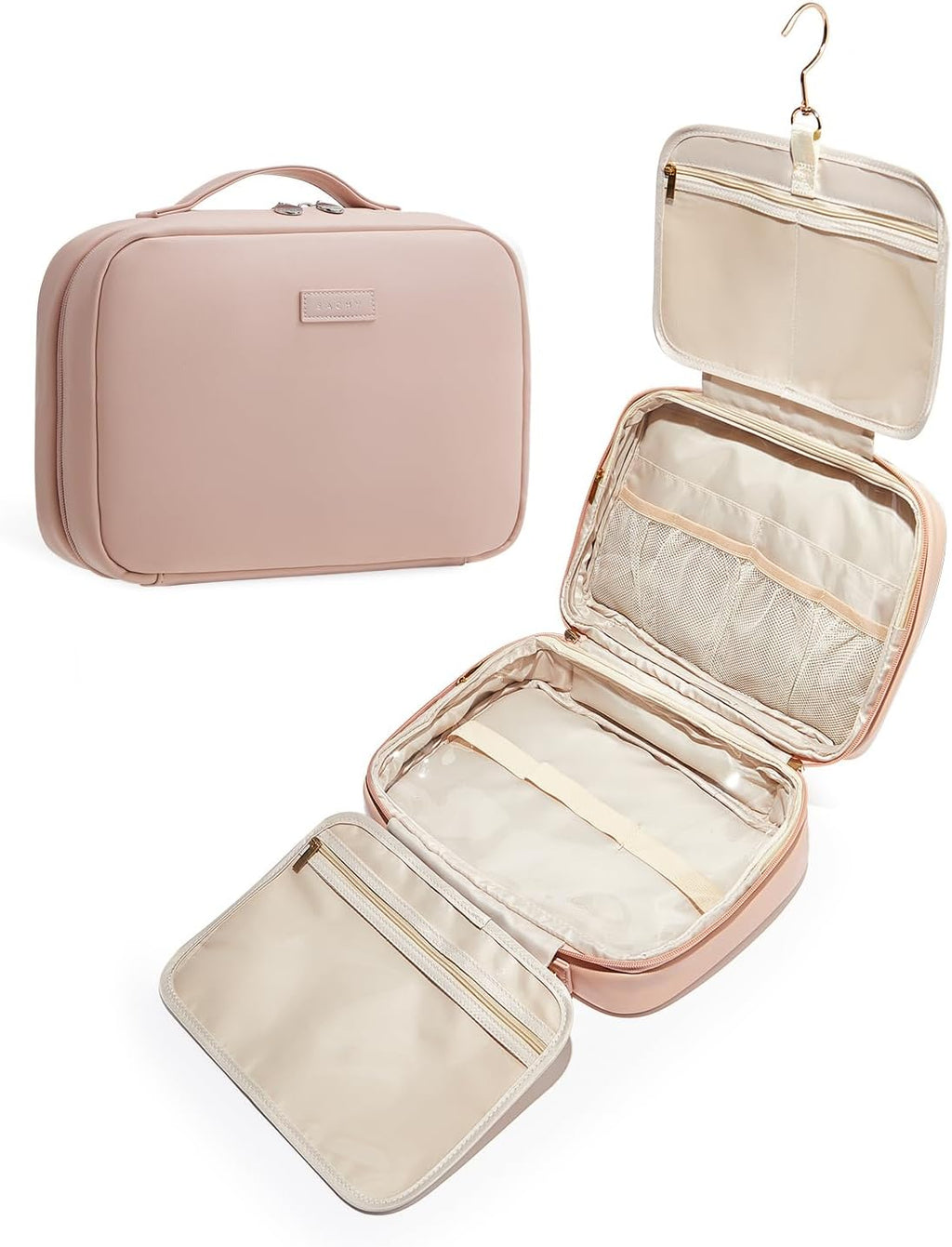 EACHY Travel Toiletry Bag with Hanging Hook, Portable Makeup Cosmetic Bags for Women, Water-Resistant Full-Size Travel Accessories (Pink)