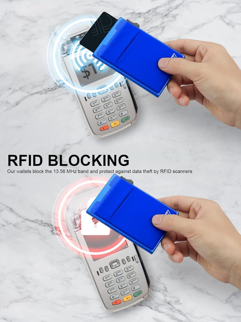 Aluminum Wallet for Men - RFID Protected, Scratch Resistant, Large Capacity, Extra Pocket, Sliding Button, Blue