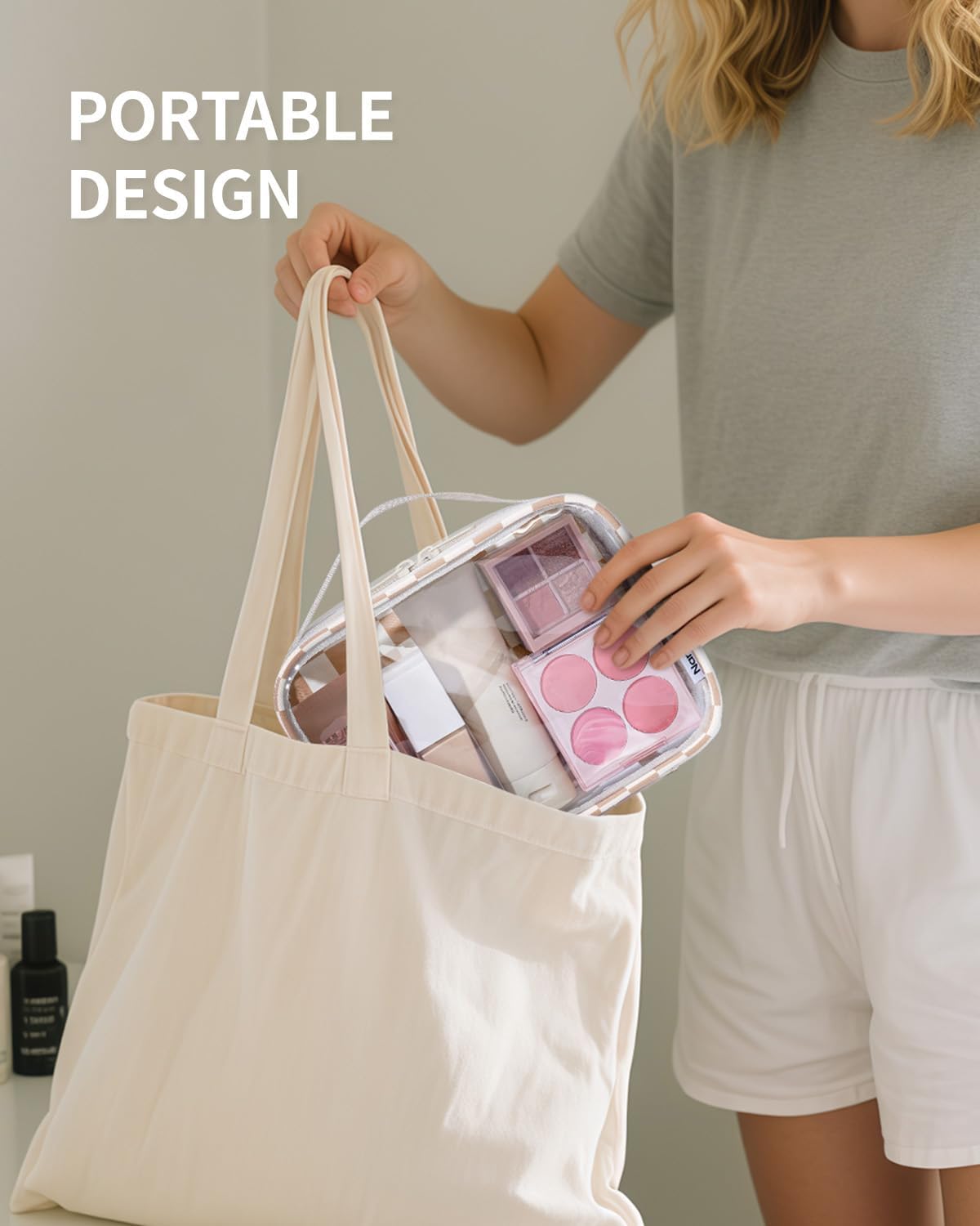 Narwey TSA Approved Clear Toiletry Bag for Travel, Waterproof PVC Clear Makeup Bags, Portable Compact Cosmetic Bag Make Up Organizer, Airport Airline Quart Size Compliant Bag (Light Checkerboard)