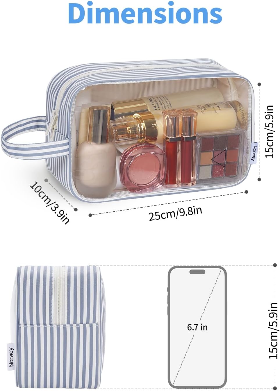 Narwey Clear Toiletry Bags for Traveling Women Men, Clear Travel Bags for Toiletries Makeup Bag Cosmetic Bag with Zipper, Make Up Organizer, Skincare Bag (Greyish Blue Stripe)
