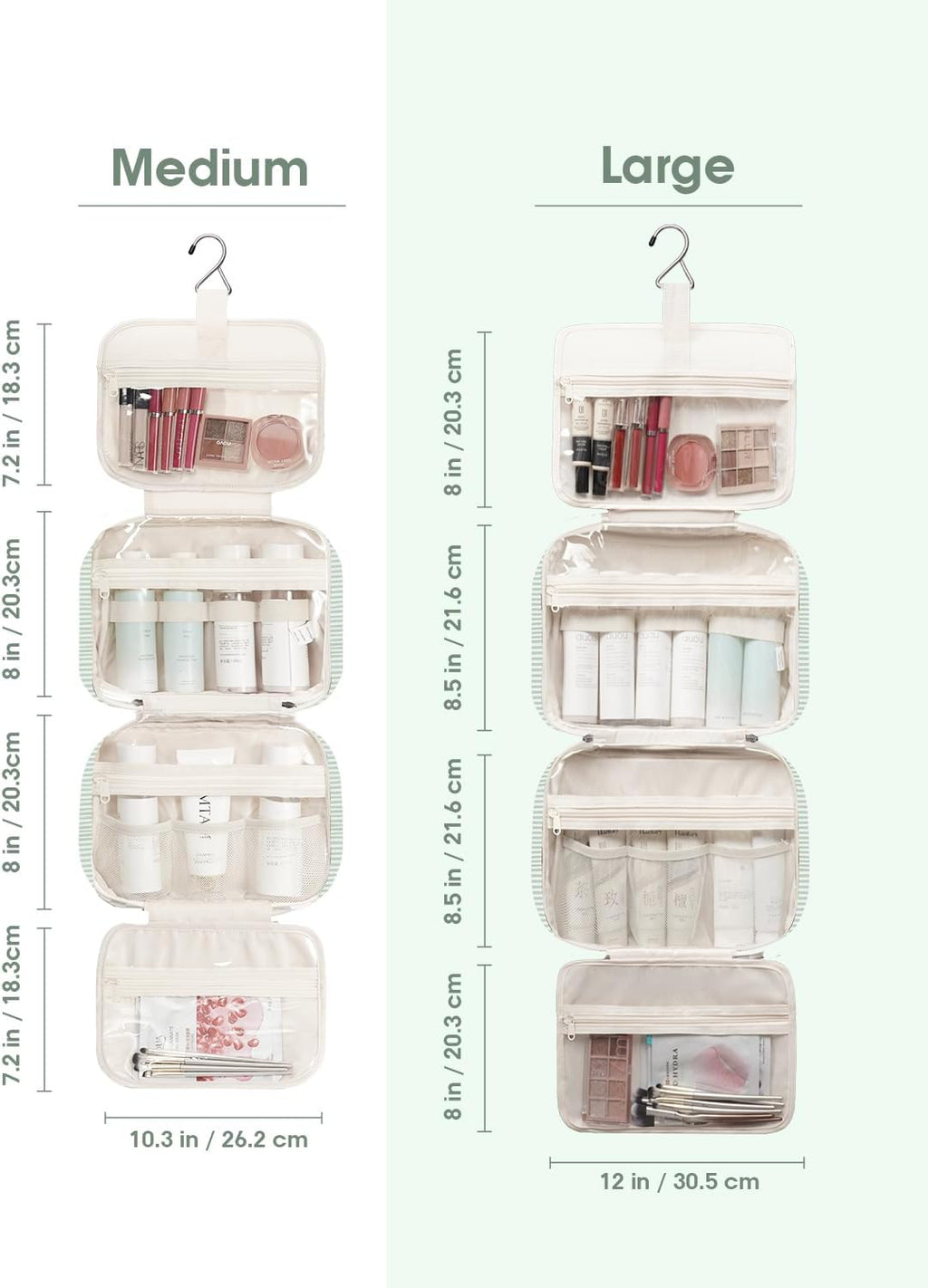 Narwey Striped Hanging Toiletry Bag for Women Travel Makeup Bag Organizer Toiletries Bag for Travel Size Essentials Accessories Cosmetics (Mint Green Stripe (Medium))