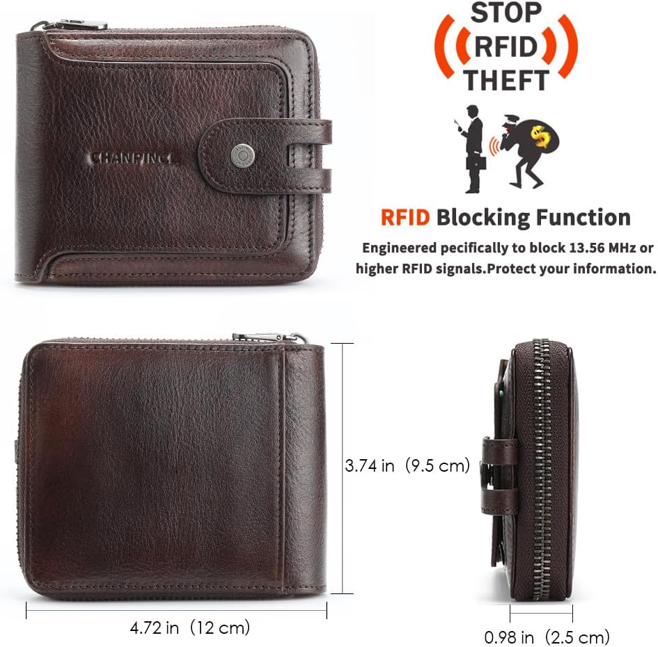 Men's brand buckle driver's license zipper genuine leather wallet, large capacity, multifunctional coin pocket (Coffee)