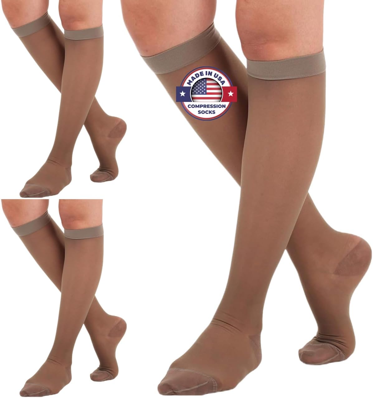 (3 Pairs - Closed Toe) Made in USA - Sheer Compression Socks for Women 15-20mmHg - Compression Stockings for Varicose Veins Circulation, Thrombosis, Embolism - Taupe, Medium - A101T2-3