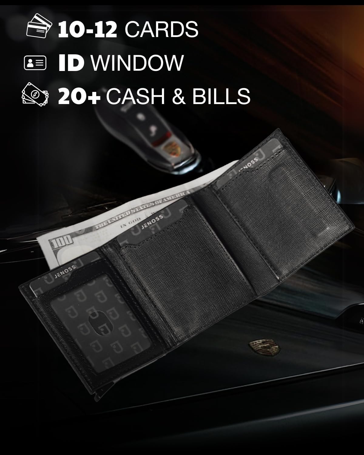 Jenoss Smart Wallet For Men: Full Grain Leather, Handcrafted, Slide Metal Pop Up Grey Case, Slim RFID Blocking Credit Card Holder, Minimalist Compact 12 Cards Slot Organizers ID Money Clip (Carbon)