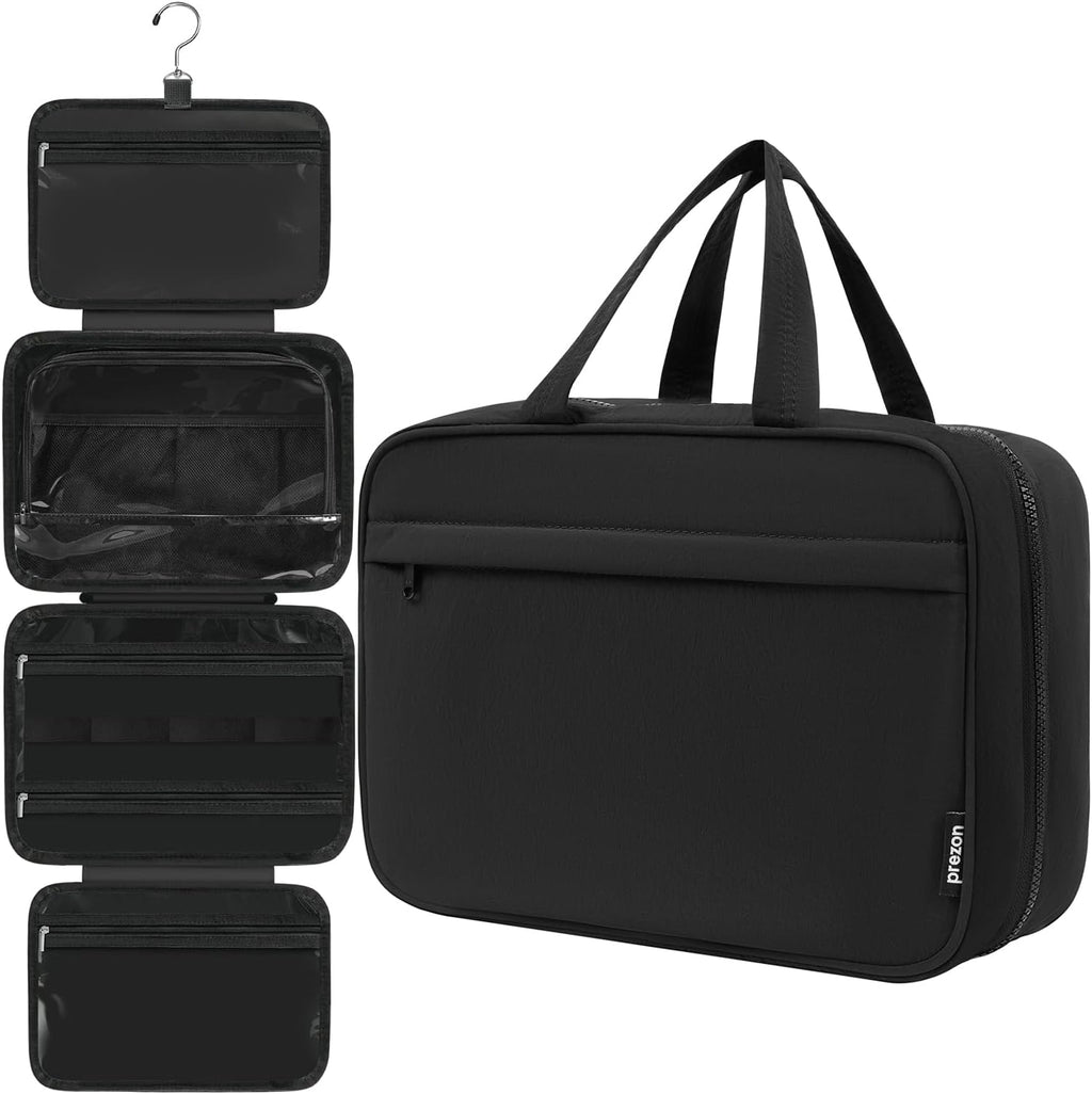 Toiletry Bag For women,Portable Hanging Organizer,4 Leakproof Compartment for full-sized Conditioner, Brushes Set, Makeup Accessories,Visible and easy to access.M-black