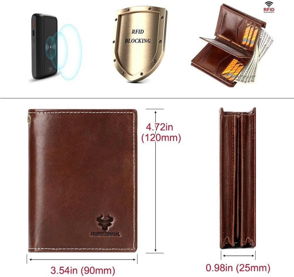 Holder for AirTag Men's Wallet Genuine Leather Purse RFID Blocking Bifold with Anti-Theft Chain,Brown with Gift Box (Brown)