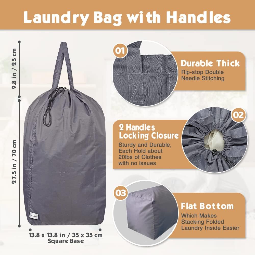 Washable Travel Laundry Bag with Handles and Drawstring (2 Pack), Heavy Duty Large Enough to Hold 3 Loads of Laundry, Fit a Laundry Basket or Clothes Hamper, 27.5x34.5 in,Grey