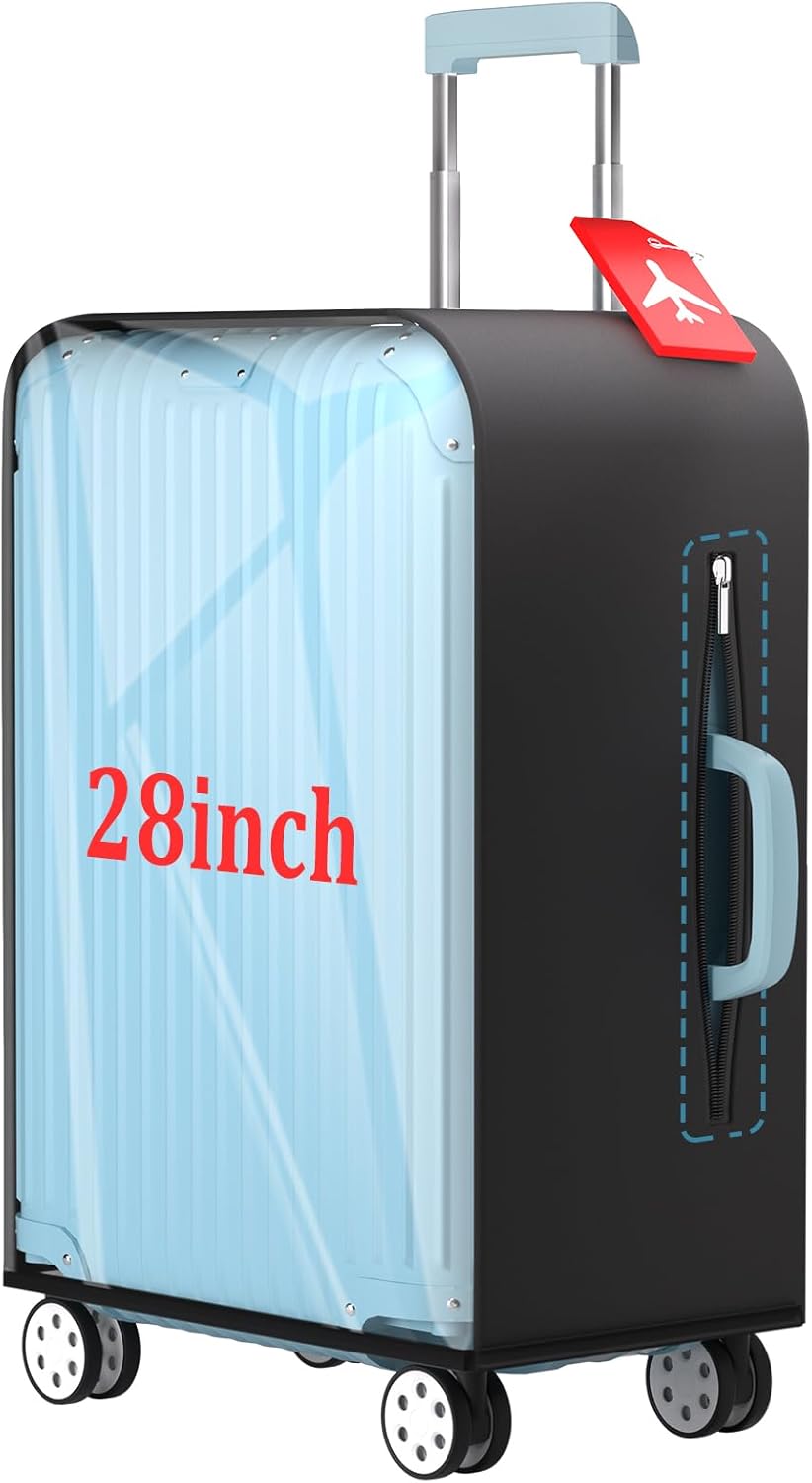 Upgraded Clear TPU Luggage Cover Protector with Black Stretchable Sides, Fit 28 Inch Wheeled Suitcase TSA Approved, Waterproof & Anti-Scratch, Includes Free Red Luggage Tag
