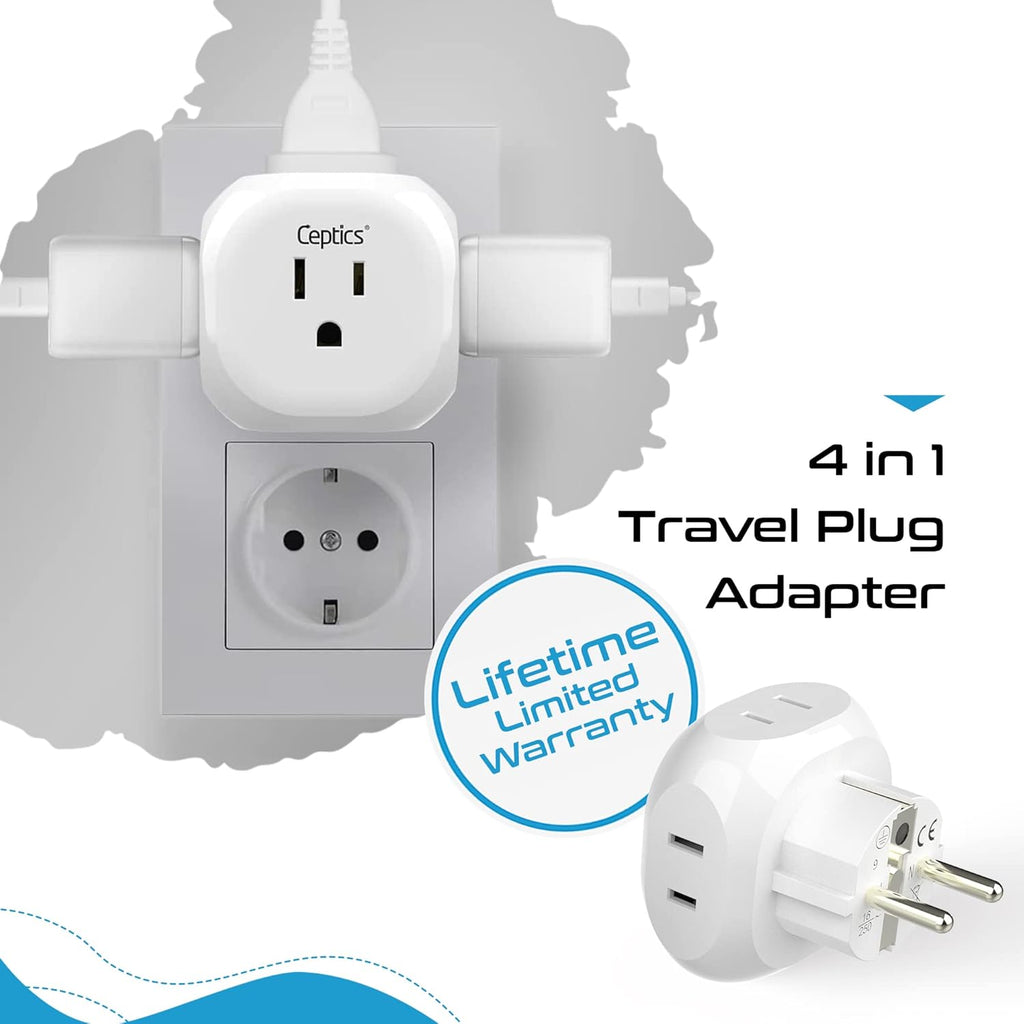 Ceptics Europe Travel Adapter Plug Set Schuko - 4 Input - Ultra Compact - Light Weight Type C, Type E/F - USA to Any Type C E/F Countries Such as Germany, France- 4 Pack (PT-9-9C-4PK),White