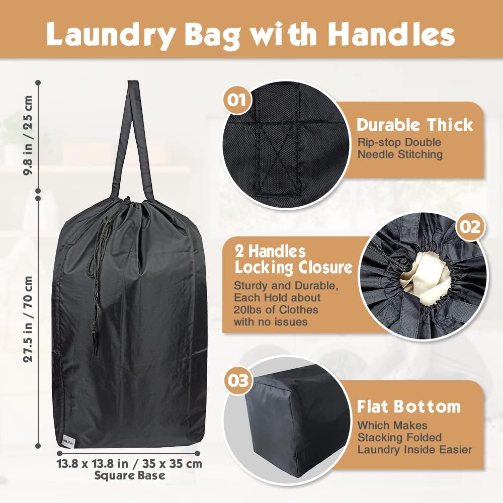 Washable Travel Laundry Bag with Handles and Drawstring (2 Pack), Heavy Duty Large Enough to Hold 3 Loads of Laundry, Fit a Laundry Basket or Clothes Hamper, 27.5x34.5 in,Black