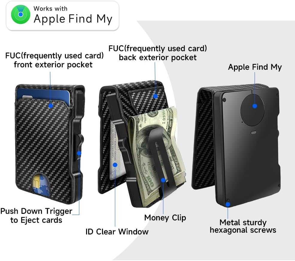 Zeeker Mens Air Wallet, with Smart Tracker, RFID Blocking Credit Card Clip, Bi-Fold Minimalist Wallet, Compatible with Apple Find My IOS Only, Replacement AirTag Chip(Carbon Fiber Pattern)