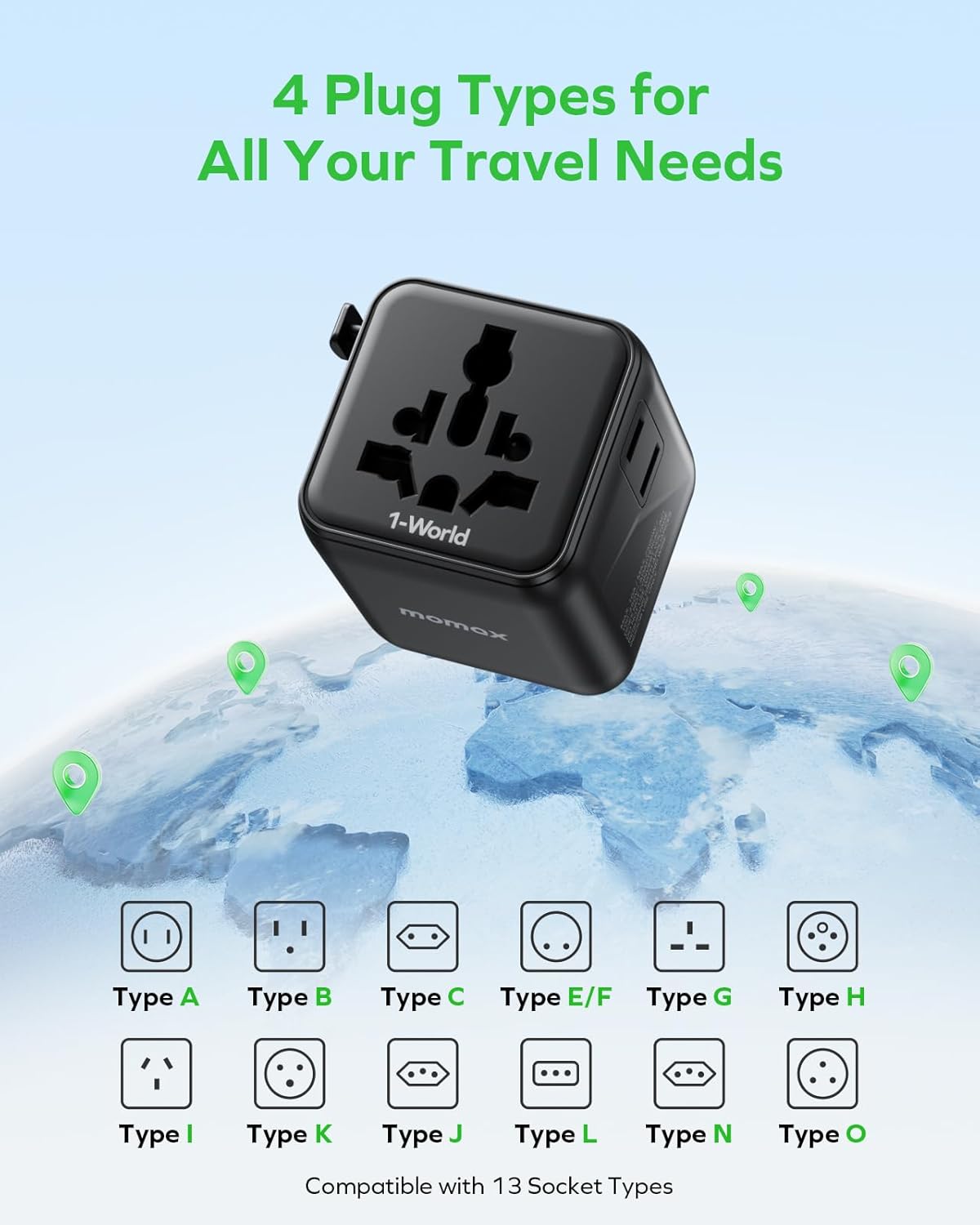 MOMAX Mini Universal Travel Adapter Worldwide, 2 AC, All European Travel Plug Adapter UK, Travel Essentials for US to Europe Adaptor, All-in-One Wall Charger for AUS JP, Over 200 Countries
